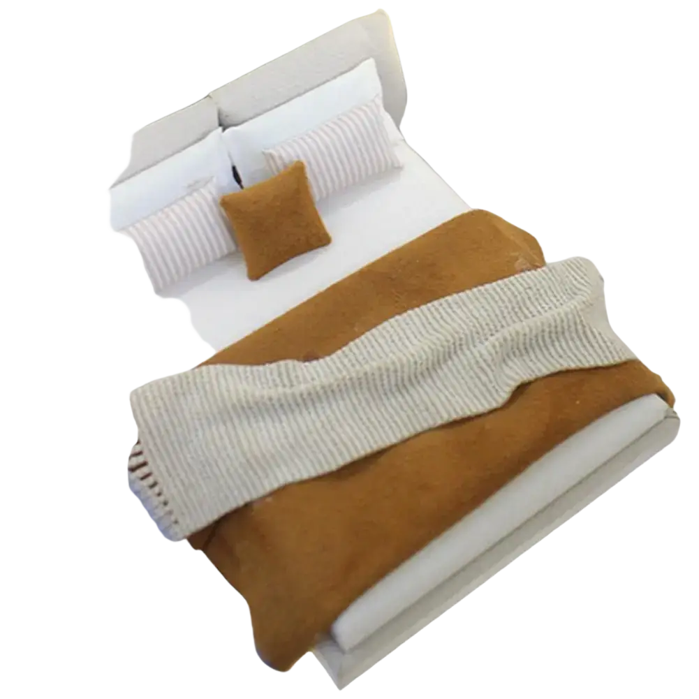 Miniature dollhouse double bed with cream style beige and brown bedding on a white frame for realistic decor