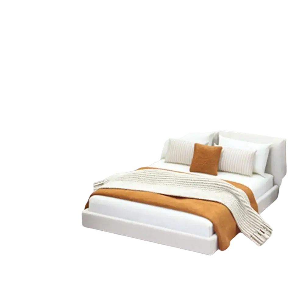 Miniature dollhouse double bed with cream platform frame, orange throw blanket, and striped pillows for bedding