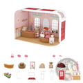Miniature dollhouse furniture and playset toys featuring a pink and white miniature dollhouse with red door and wooden counter