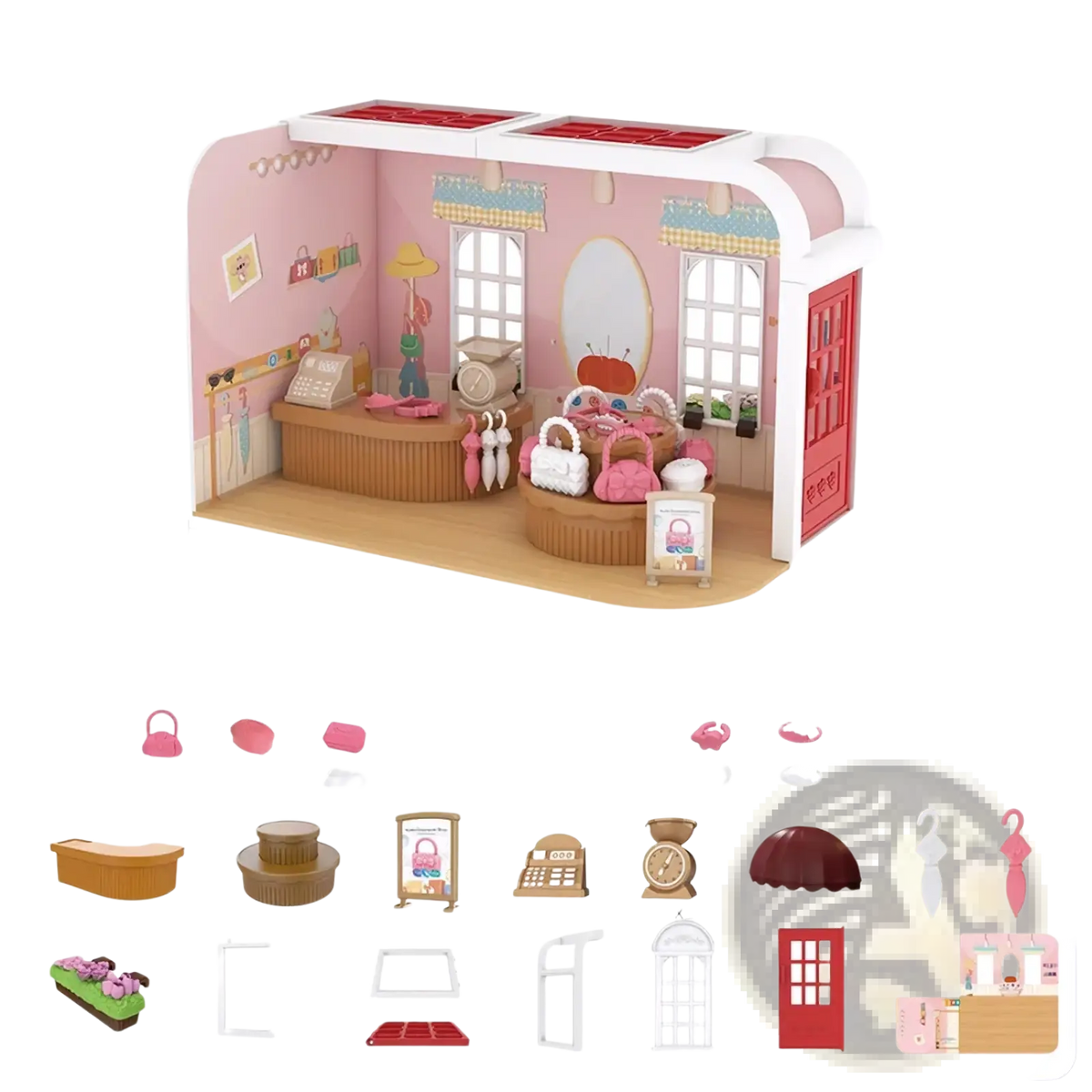 Miniature dollhouse furniture and playset toys featuring a pink and white miniature dollhouse with red door and wooden counter