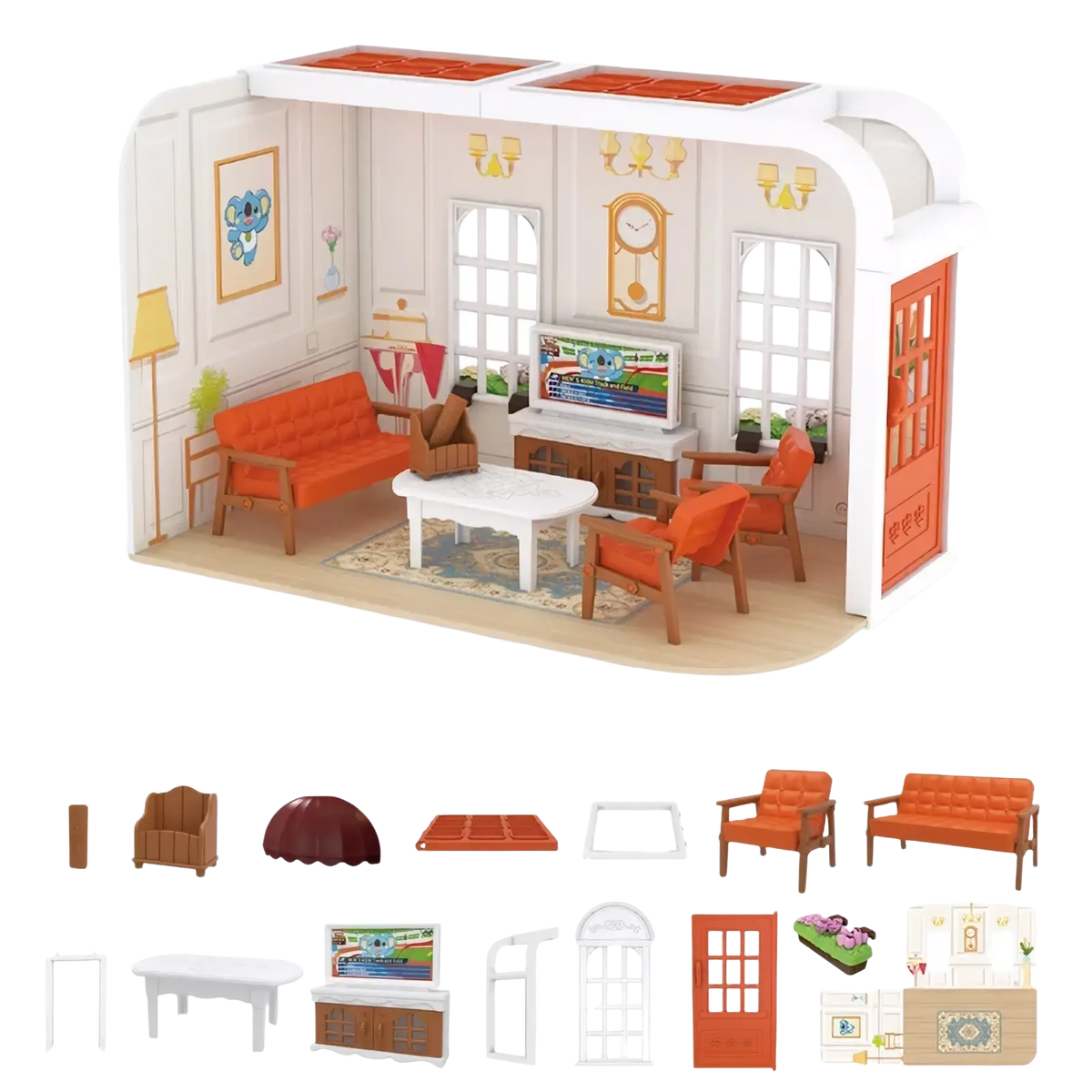 A miniature dollhouse playset with white exterior orange doors and cozy living room furniture including sofa and tv set