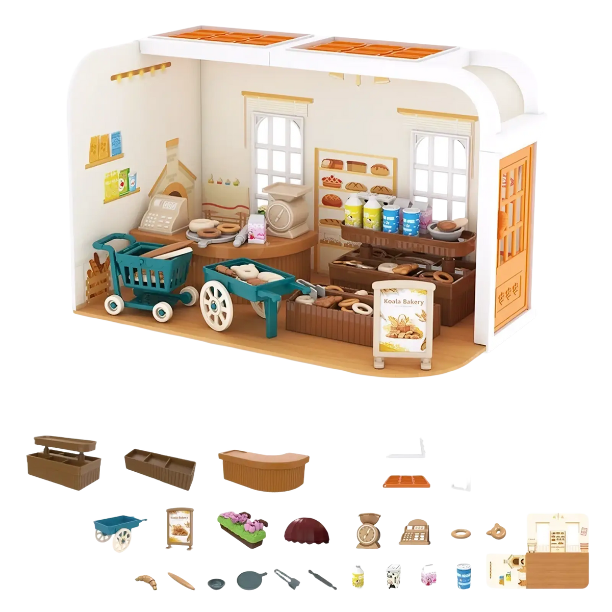 Miniature dollhouse furniture and playset toys featuring a detailed white and orange bakery with colorful plastic breads
