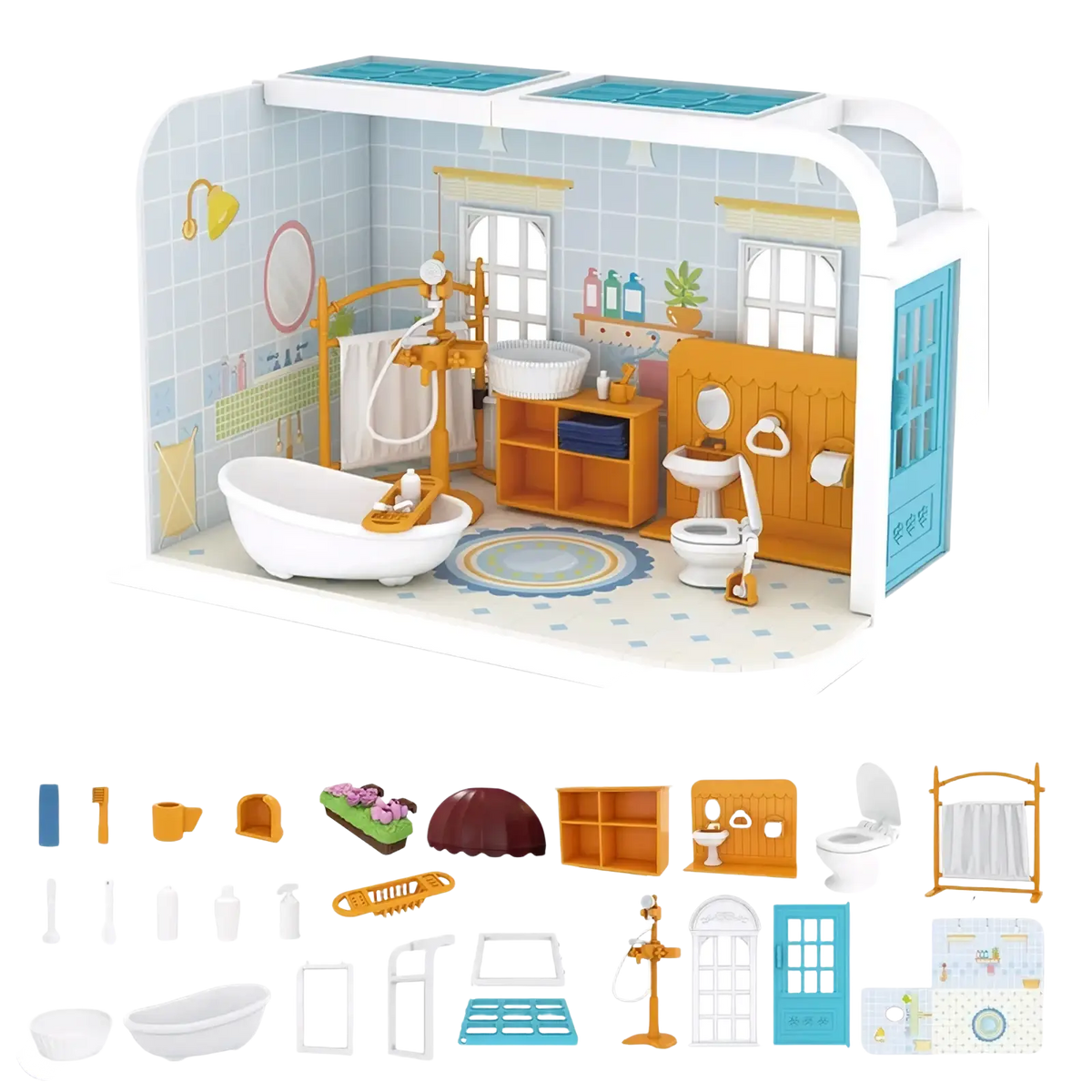 Miniature dollhouse furniture and playset toys featuring a detailed bathroom with white tub orange fixtures and blue tiles