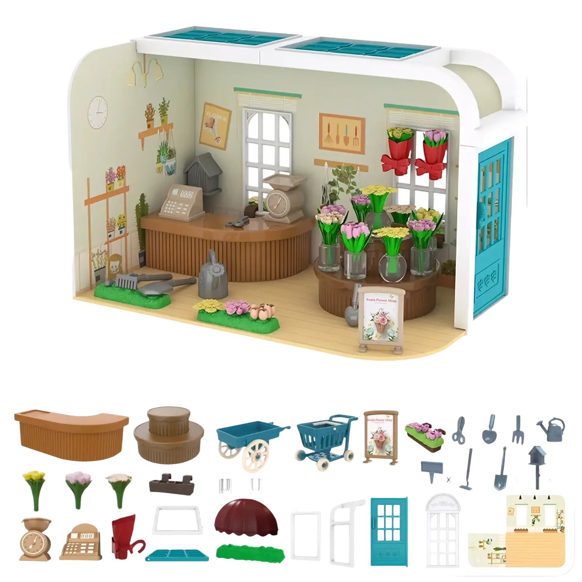 Miniature dollhouse furniture flower shop playset with white arched roof teal door and wooden counter with colorful flowers