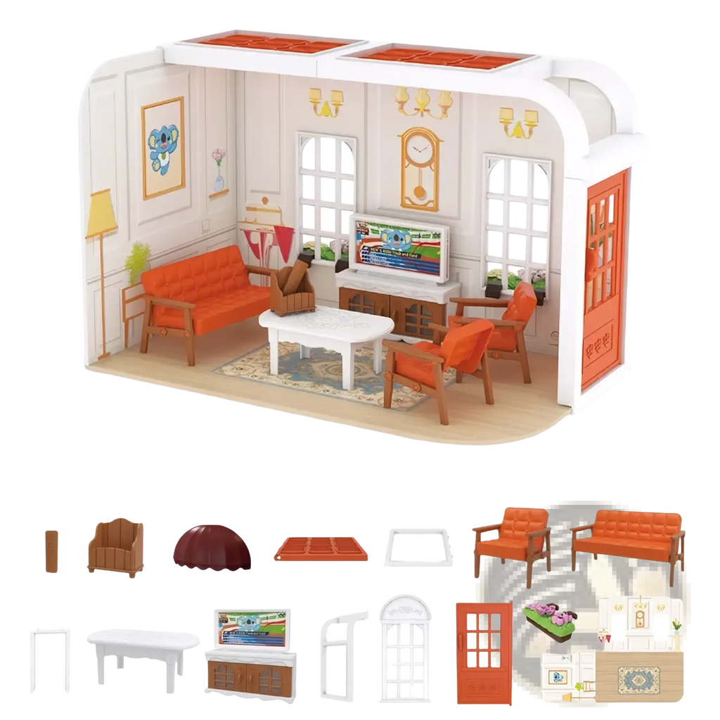 A miniature dollhouse playset with white exterior orange doors and cozy living room furniture including sofa and tv set