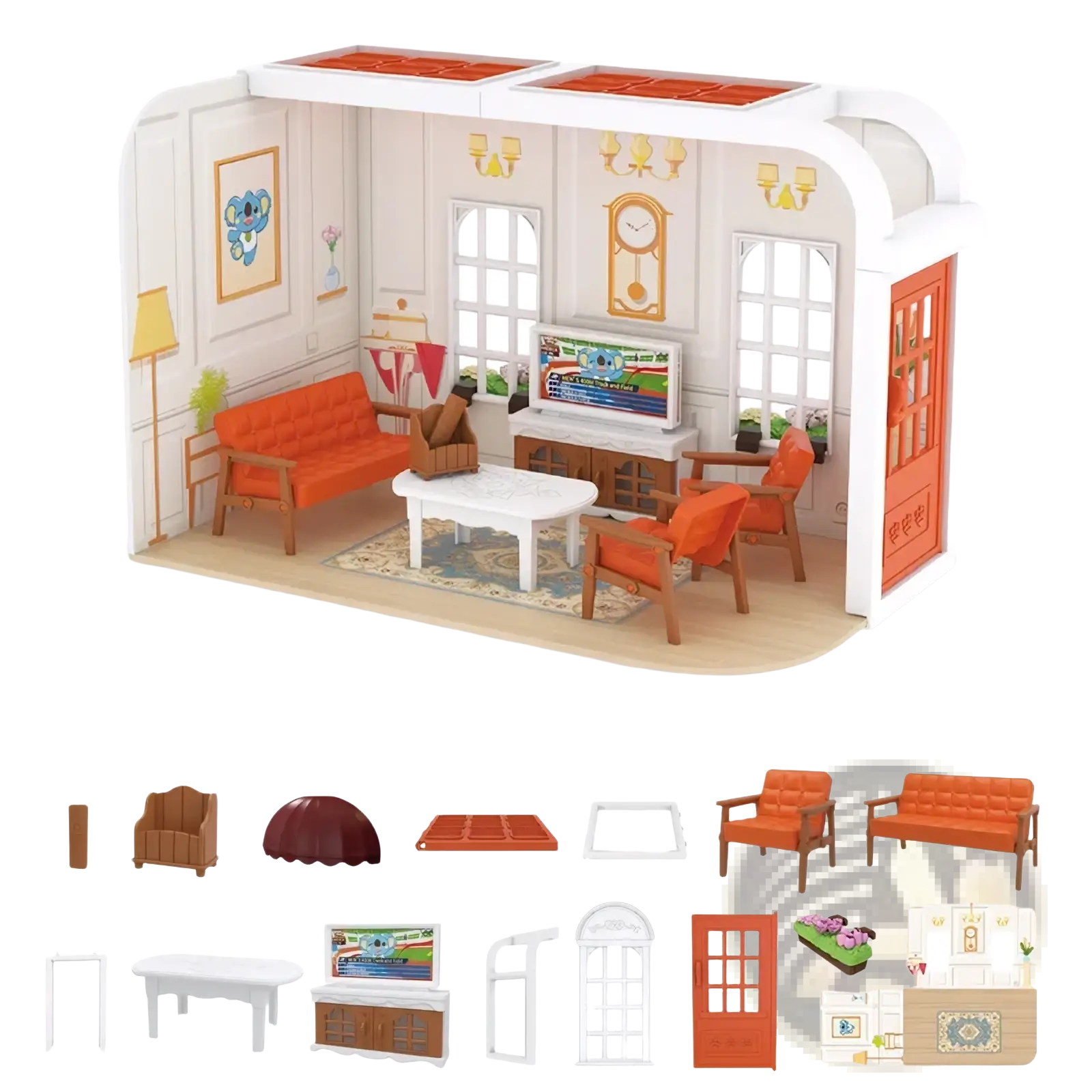 A miniature dollhouse playset with white exterior orange doors and cozy living room furniture including sofa and tv set