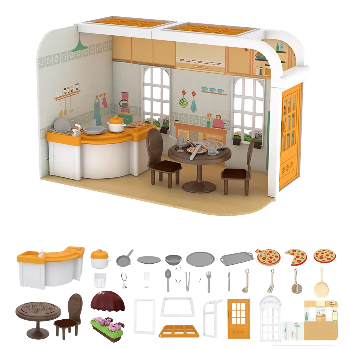 Miniature dollhouse furniture and playset toys featuring a white and orange kitchen set with detailed accessories