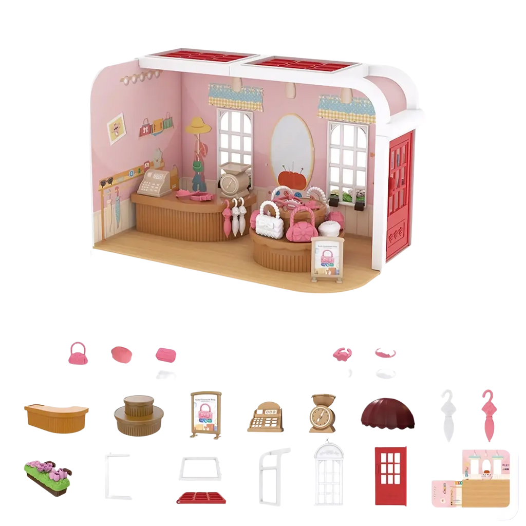 Miniature dollhouse furniture and playset toys featuring a pink and white miniature dollhouse with red door and wooden counter