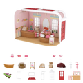 Miniature dollhouse furniture and playset toys featuring a pink and white miniature dollhouse with red door and wooden counter