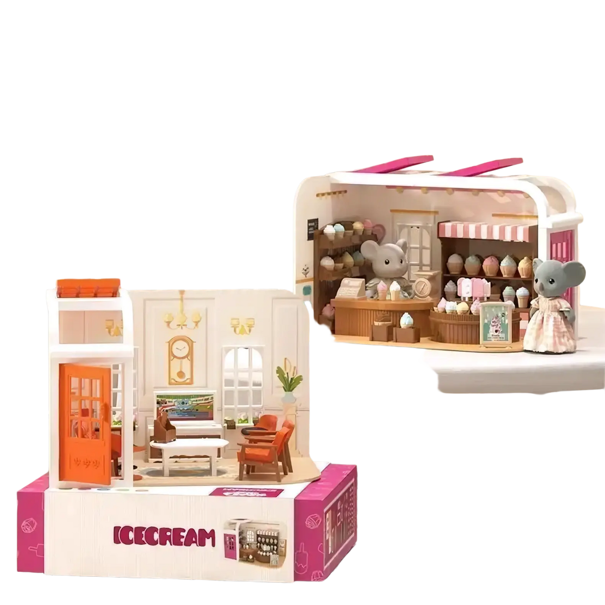 Miniature dollhouse furniture and playset toys featuring a pink and white miniature ice cream shop with detailed interior furnishings