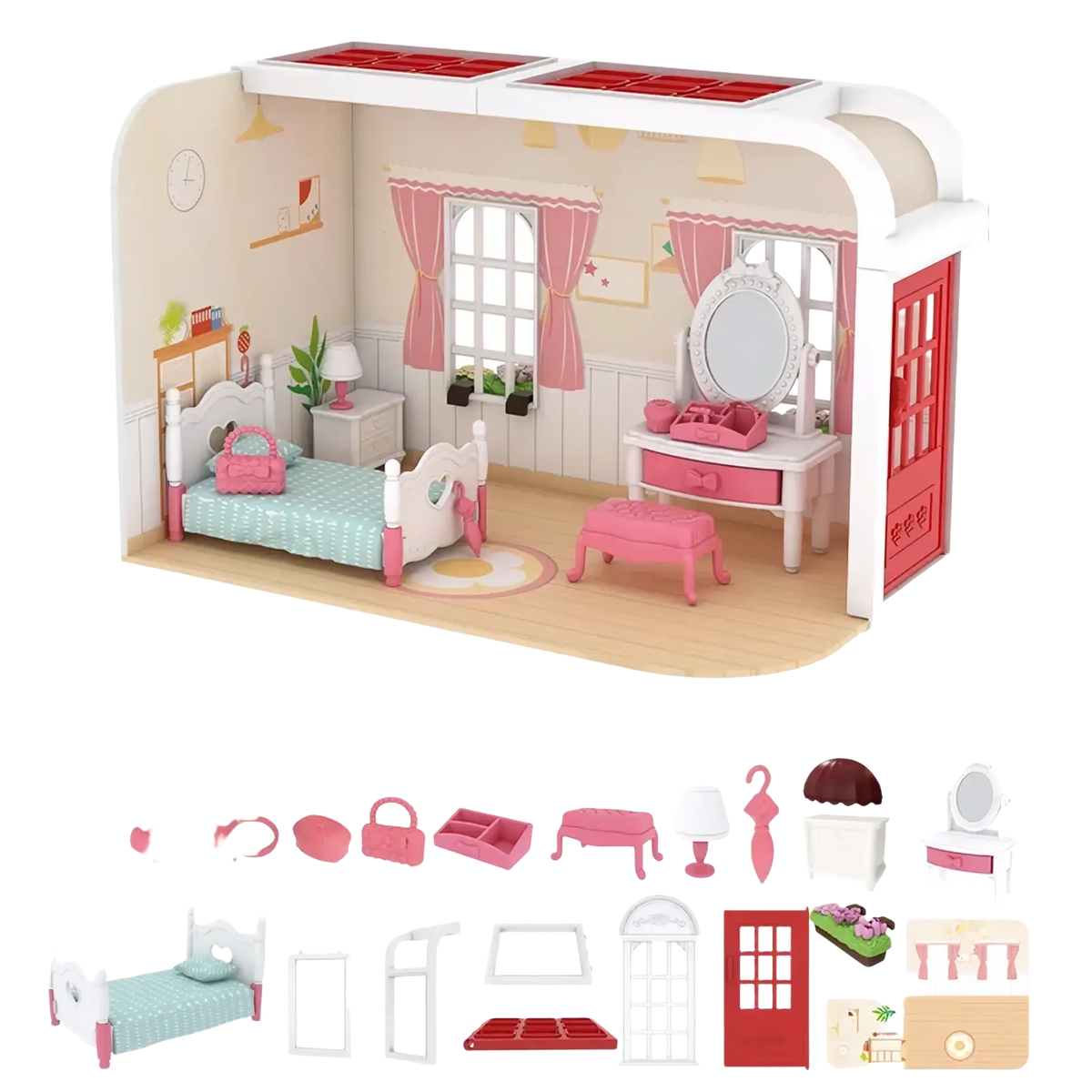 Miniature dollhouse furniture and playset toys featuring a pink and white bedroom set with curtains and accessories
