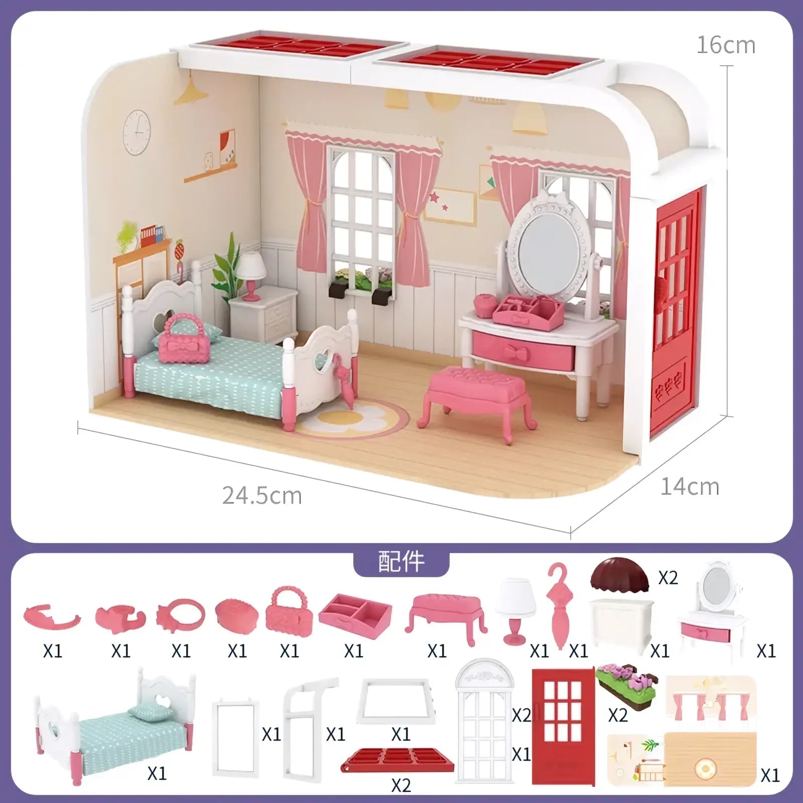 Miniature dollhouse furniture and playset toys featuring a pink and white bedroom set with curtains and accessories