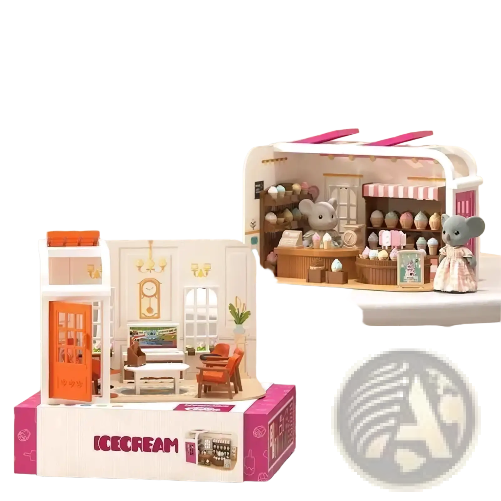Miniature dollhouse furniture and playset toys featuring a pink and white miniature ice cream shop with detailed interior furnishings