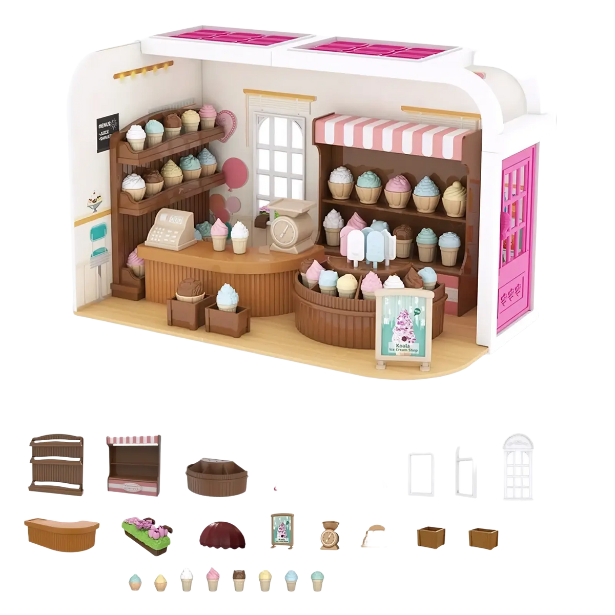 Miniature dollhouse furniture ice cream shop with pink and white striped fabric awning for playset toys display