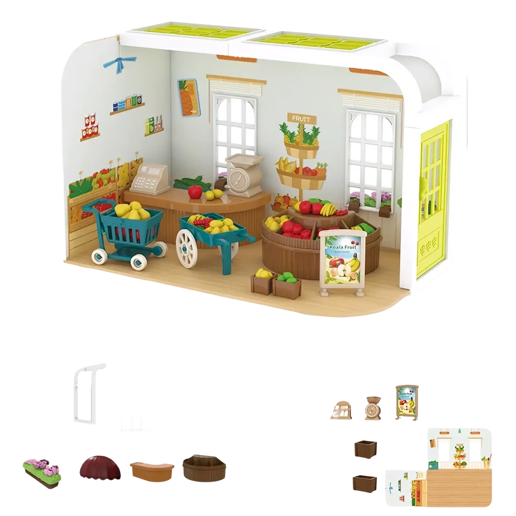Miniature dollhouse furniture plastic fruit and vegetable store playset with white exterior green door and colorful produce displays