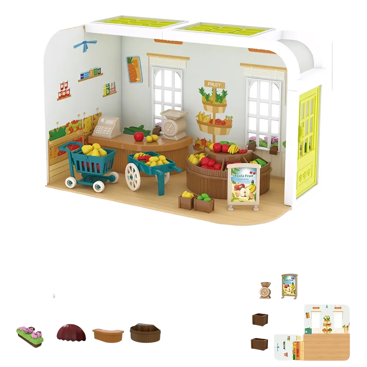 Miniature dollhouse furniture plastic fruit store playset with white and lime green exterior and colorful toy fruits