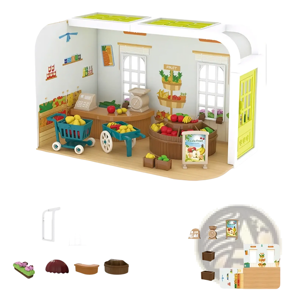Miniature dollhouse furniture plastic fruit and vegetable store playset with white exterior green door and colorful produce displays