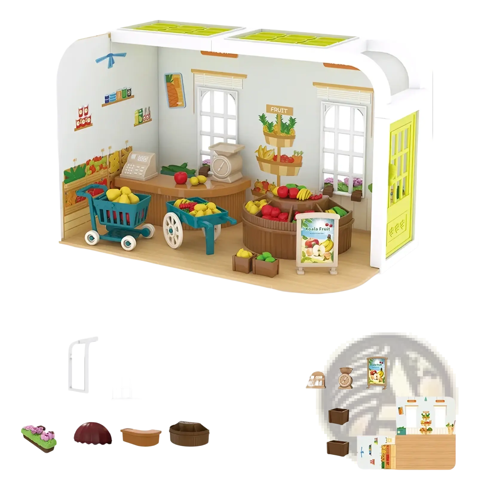 Miniature dollhouse furniture plastic fruit and vegetable store playset with white exterior green door and colorful produce displays