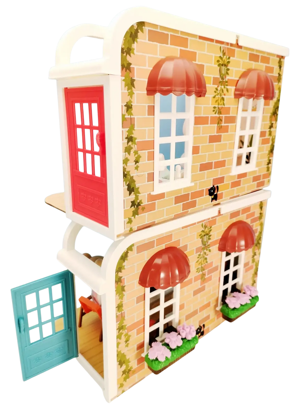 Miniature dollhouse furniture and playset toys featuring a two-story beige brick facade with red awnings and green ivy vines