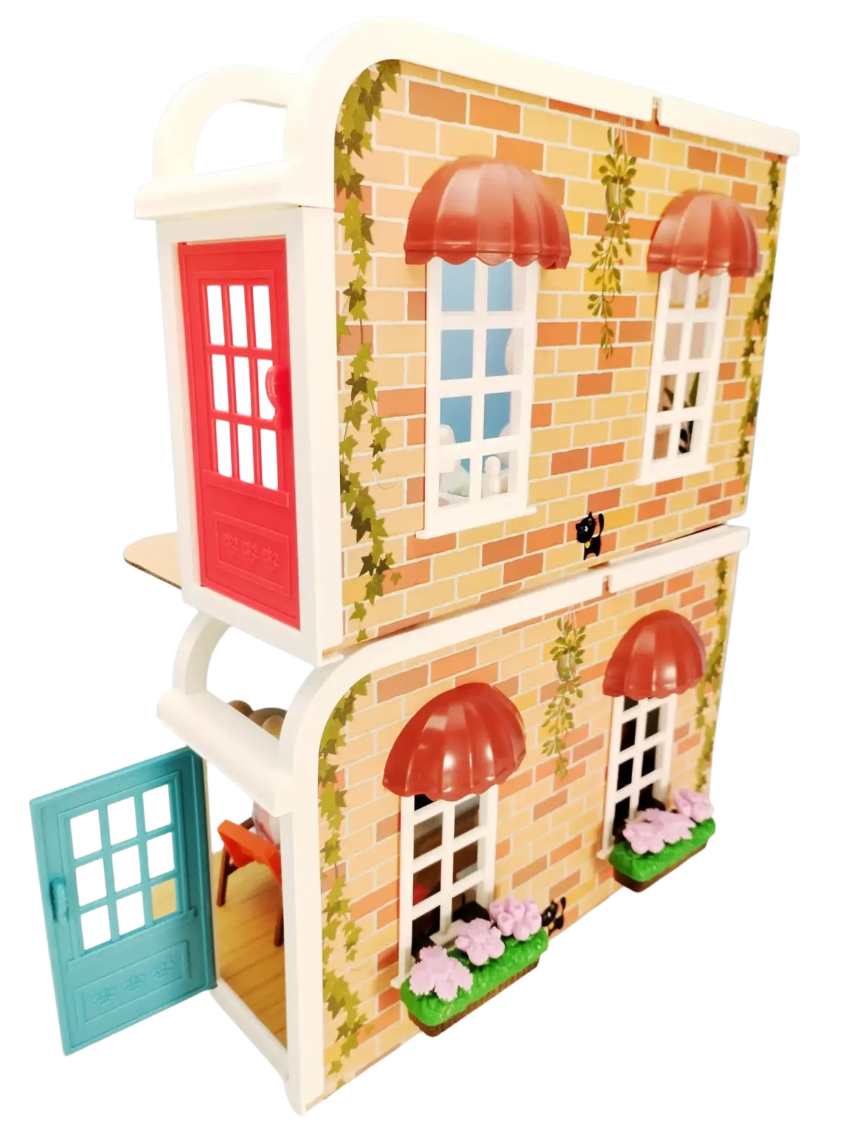 Miniature dollhouse furniture and playset toys featuring a two-story beige brick facade with red awnings and green ivy vines