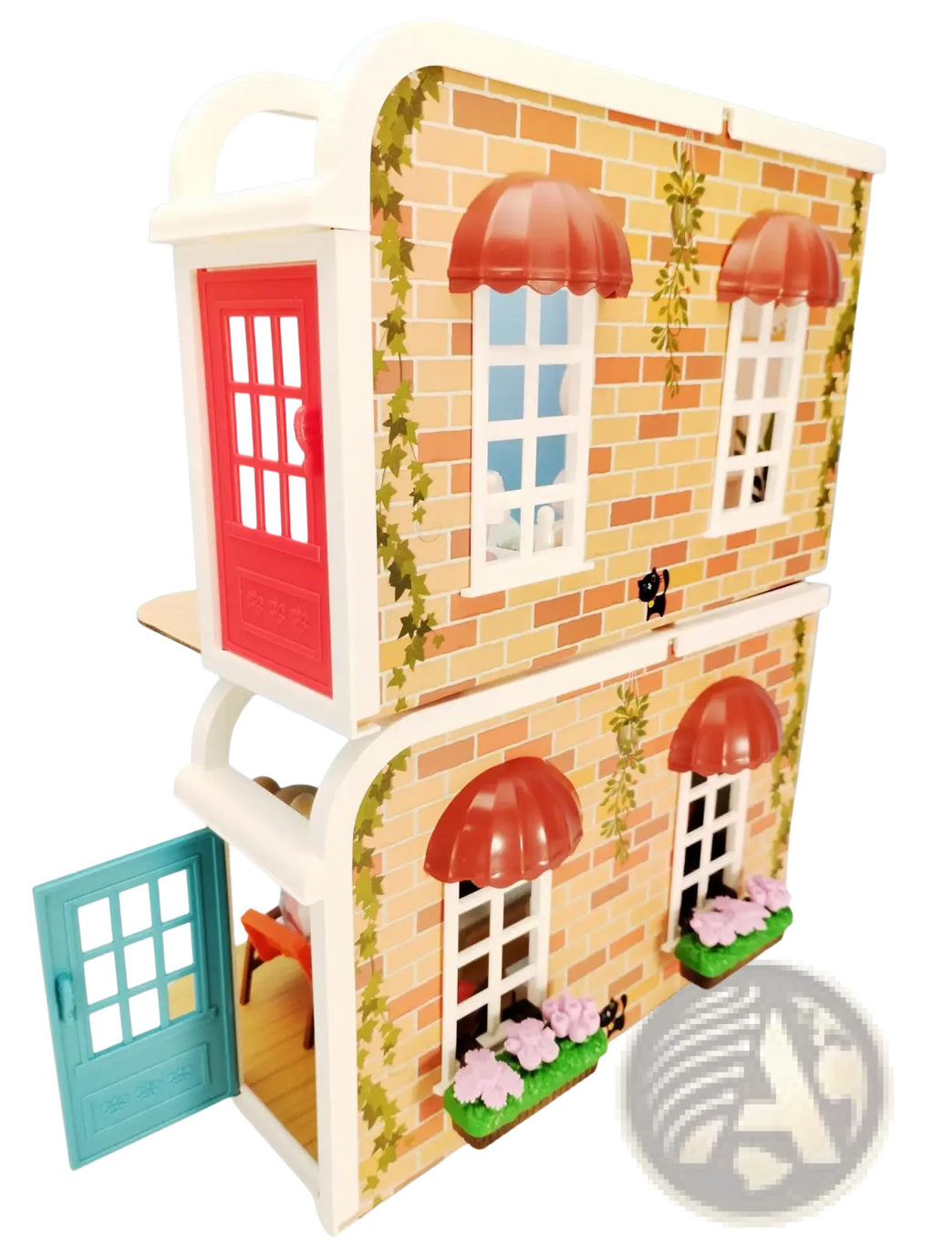 Miniature dollhouse furniture and playset toys featuring a two-story beige brick facade with red awnings and green ivy vines