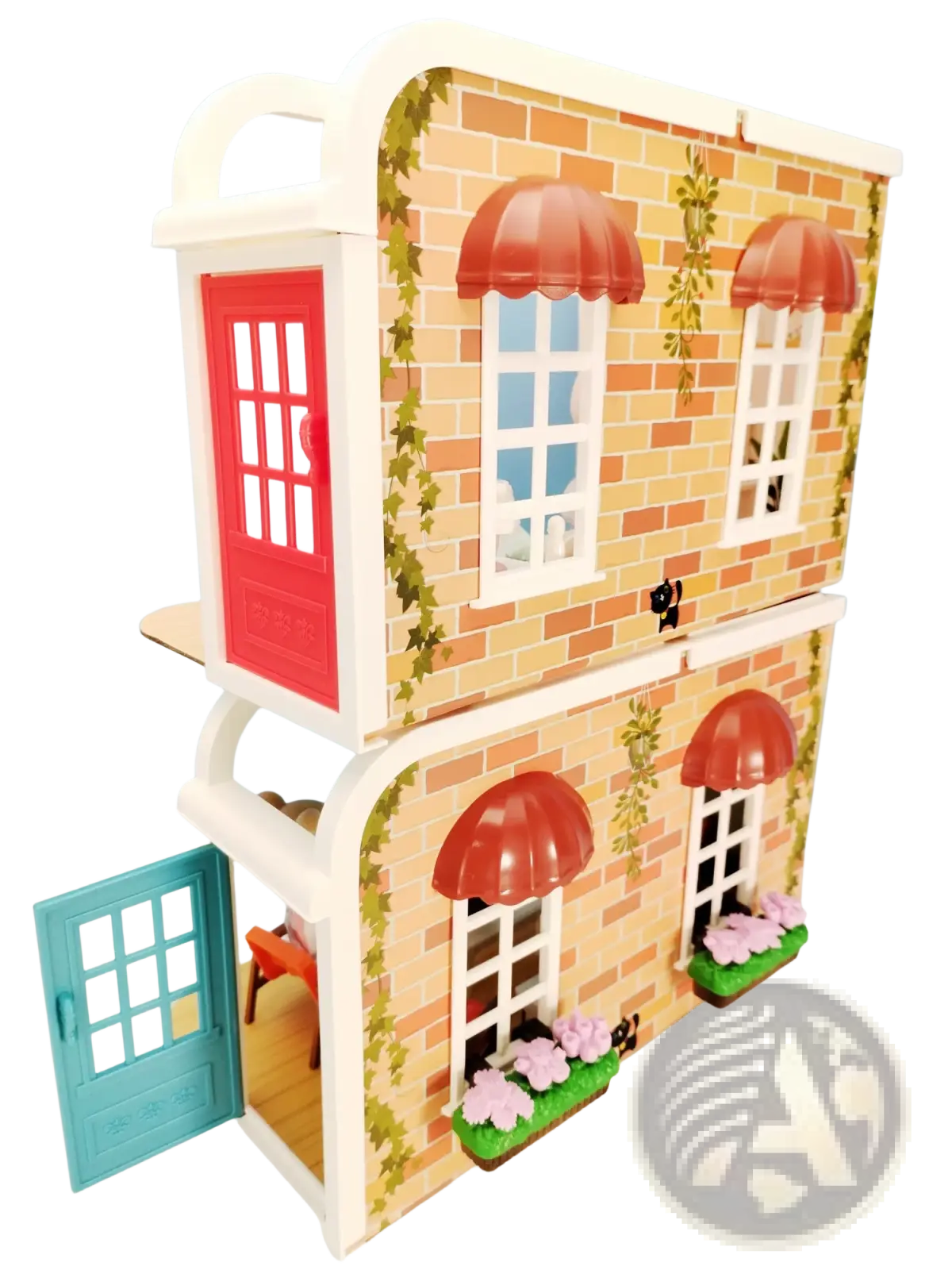Miniature dollhouse furniture and playset toys featuring a two-story beige brick facade with red awnings and green ivy vines