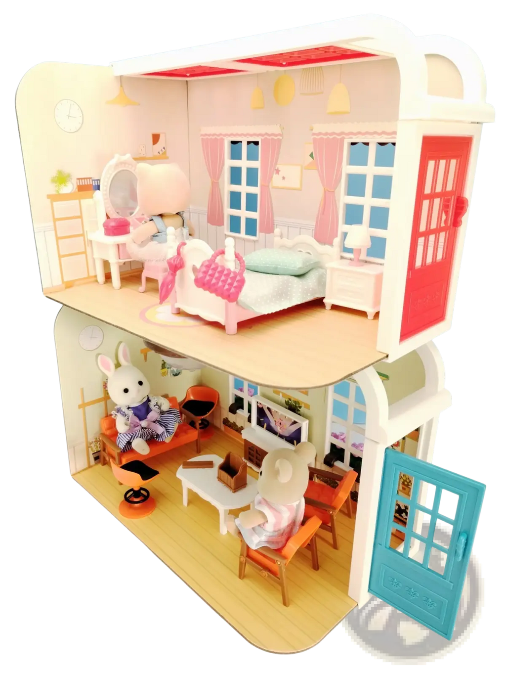 Miniature dollhouse furniture and playset toys featuring a two-story pink and white sylvanian families dollhouse with detailed interior furnishings