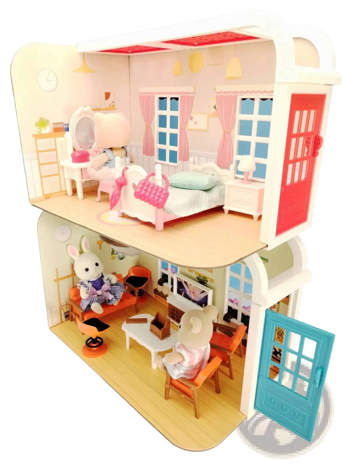 Miniature dollhouse furniture and playset toys featuring a two-story pink and white sylvanian families dollhouse with detailed interior furnishings