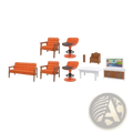 Miniature dollhouse furniture set featuring orange upholstered seating with wooden frames and matching bar stools in 1 12 scale