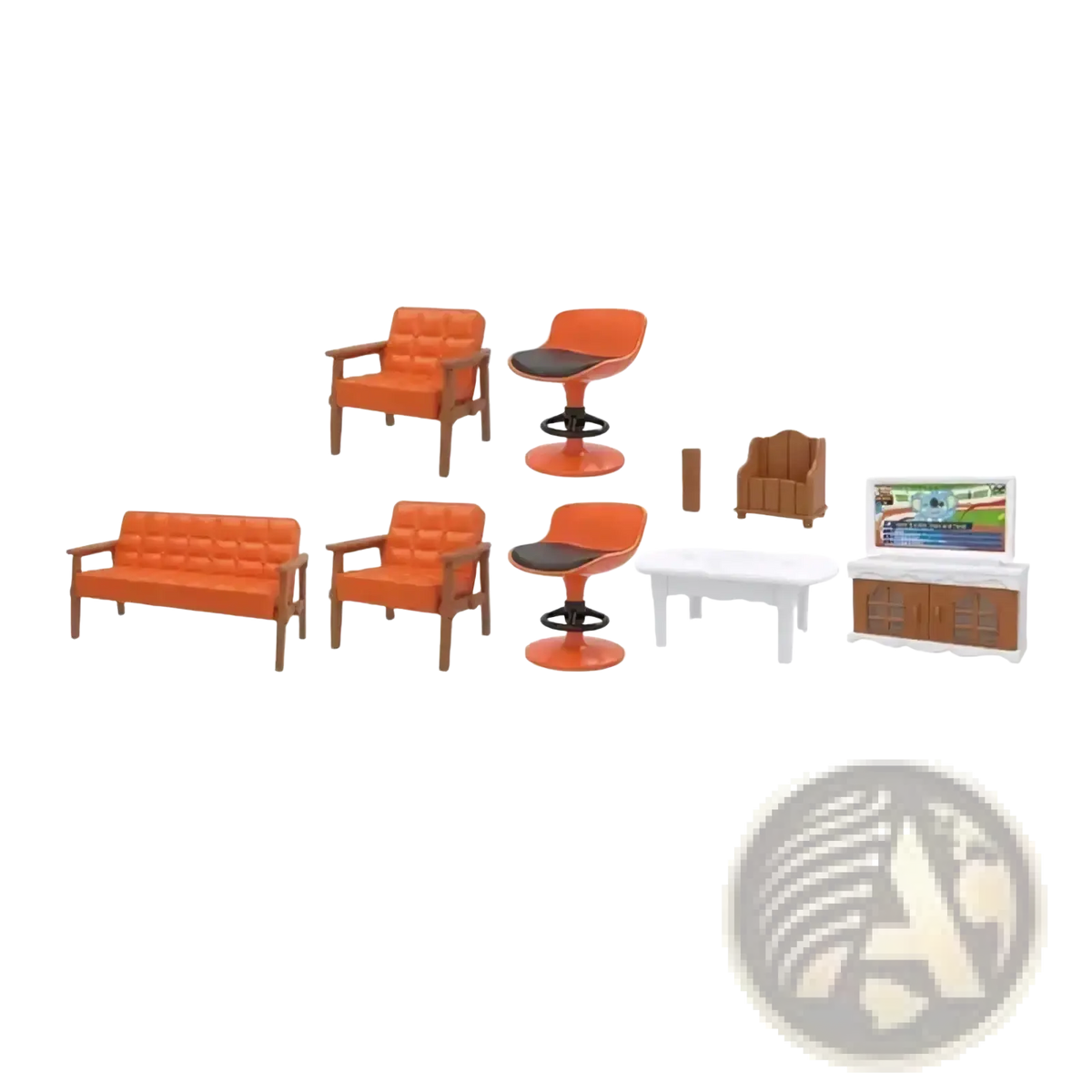 Miniature dollhouse furniture set featuring orange upholstered seating with wooden frames and matching bar stools in 1 12 scale