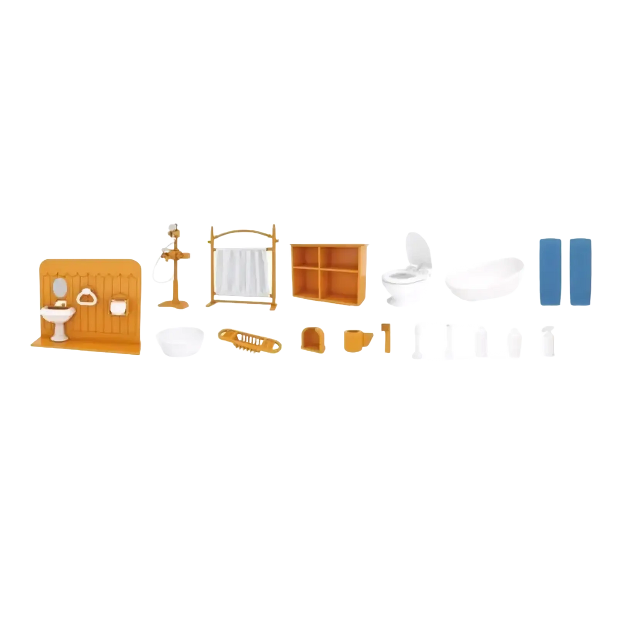 Miniature 112 scale orange plastic bathroom set with white fixtures and blue towels for dollhouse furniture