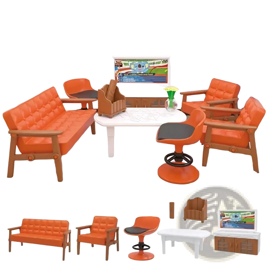 Miniature dollhouse orange tufted sofa with wooden frame designed for 1 12 scale furniture set
