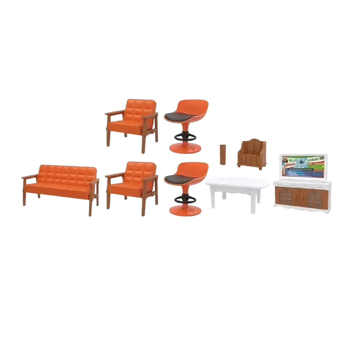 Miniature dollhouse furniture set featuring orange upholstered seating with wooden frames and matching bar stools in 1 12 scale