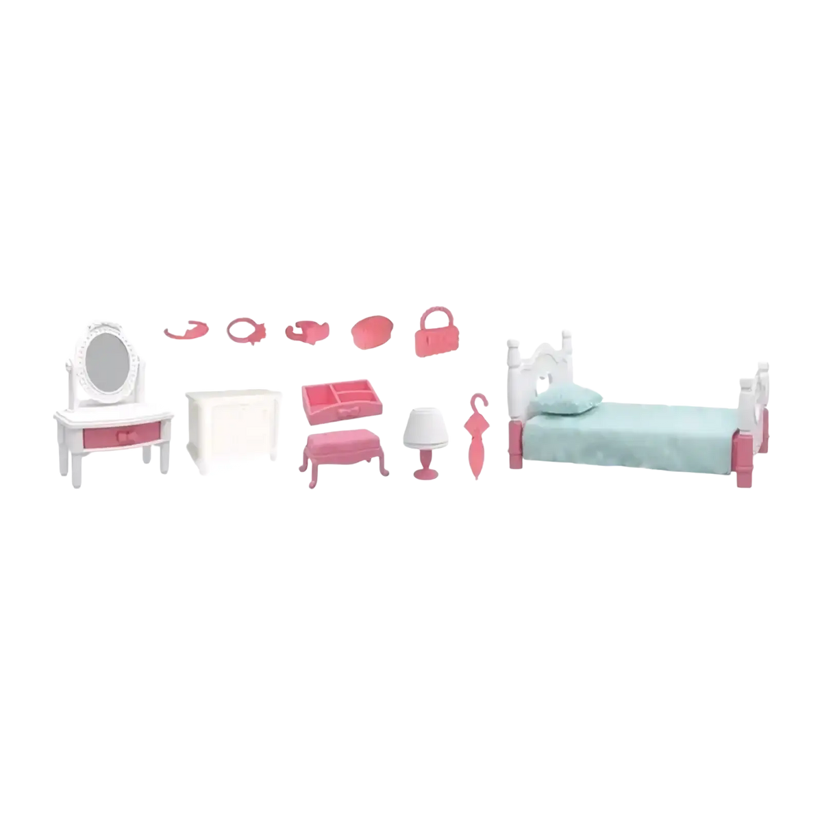 Miniature dollhouse furniture set 1 12 scale pink and white bedroom with mint green bedspread for dollhouses
