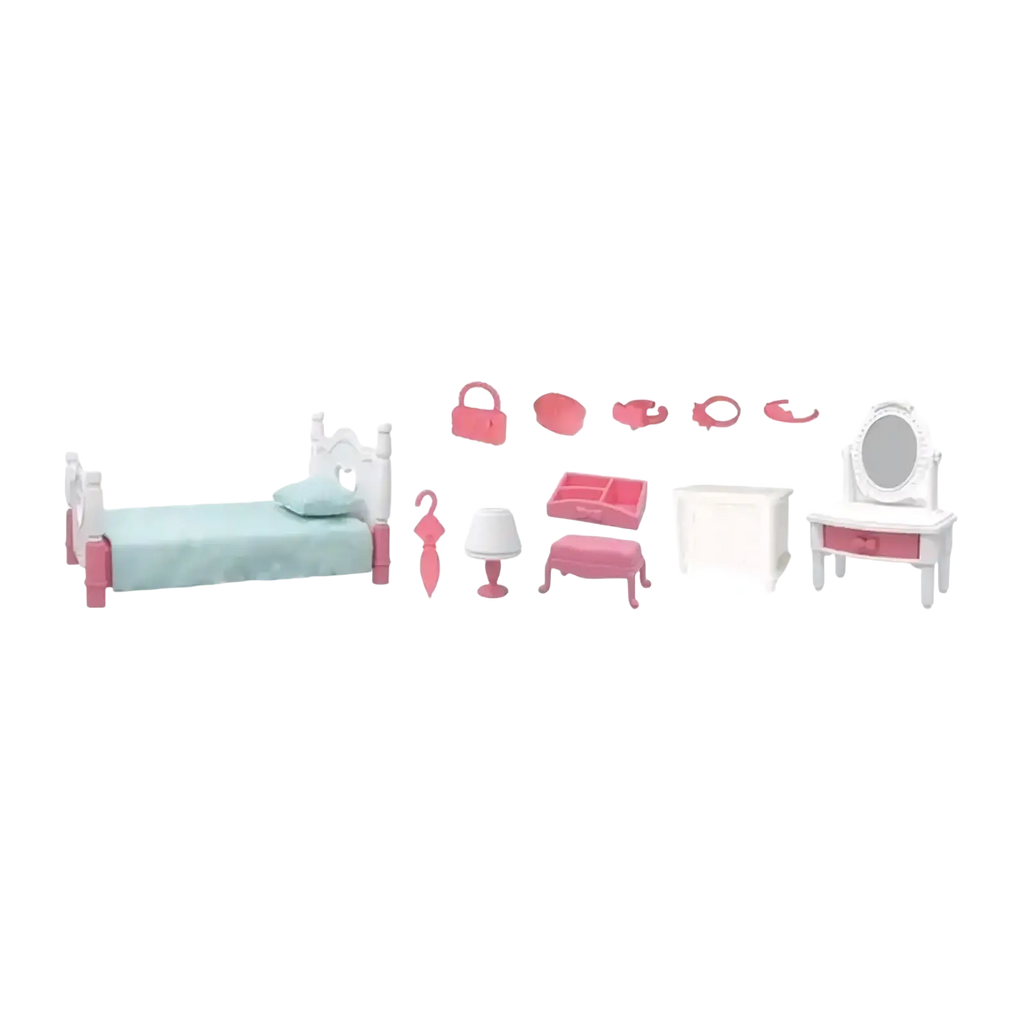 Miniature dollhouse furniture set featuring pink and white bedroom pieces for 1 12 scale play and decoration
