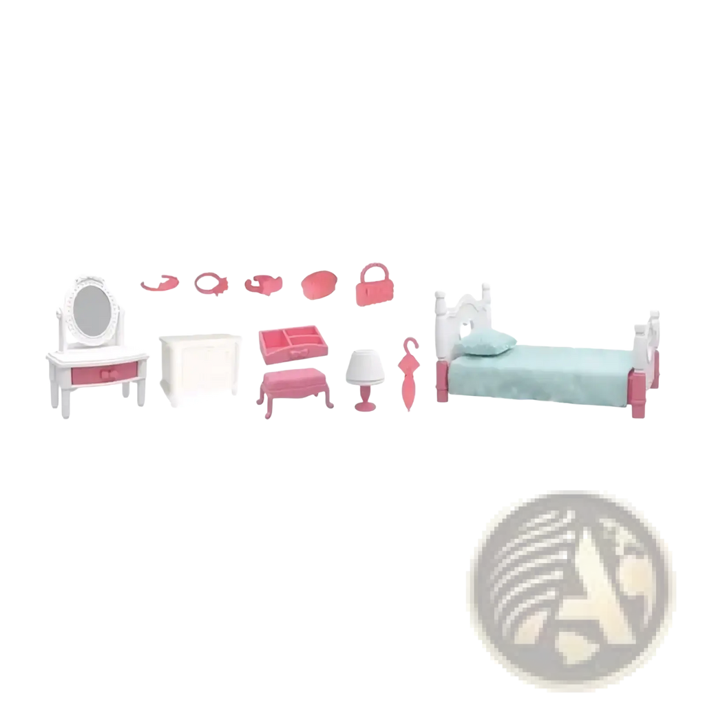 Miniature dollhouse furniture set 1 12 scale pink and white bedroom with mint green bedspread for dollhouses
