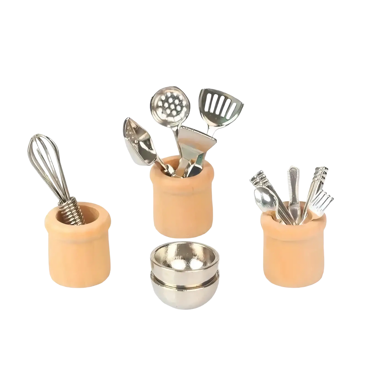 Miniature dollhouse kitchen utensil set with stainless steel tools in terracotta pots and stacked metallic bowls