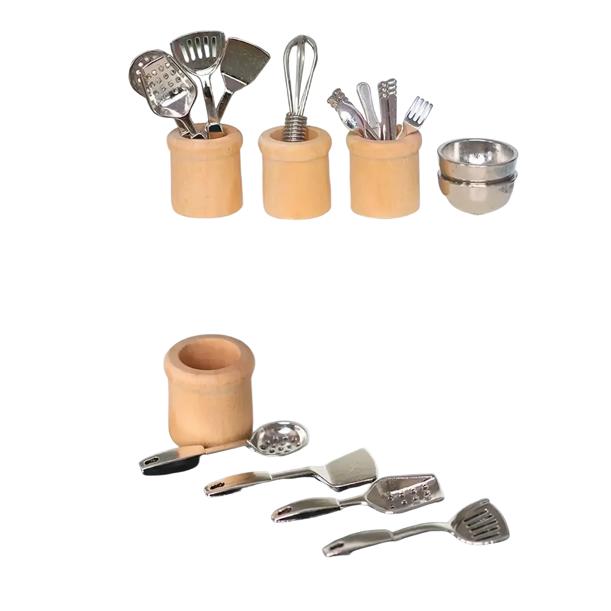 Miniature dollhouse kitchen utensil set with shiny metallic tools in wooden holders and a small silver bowl