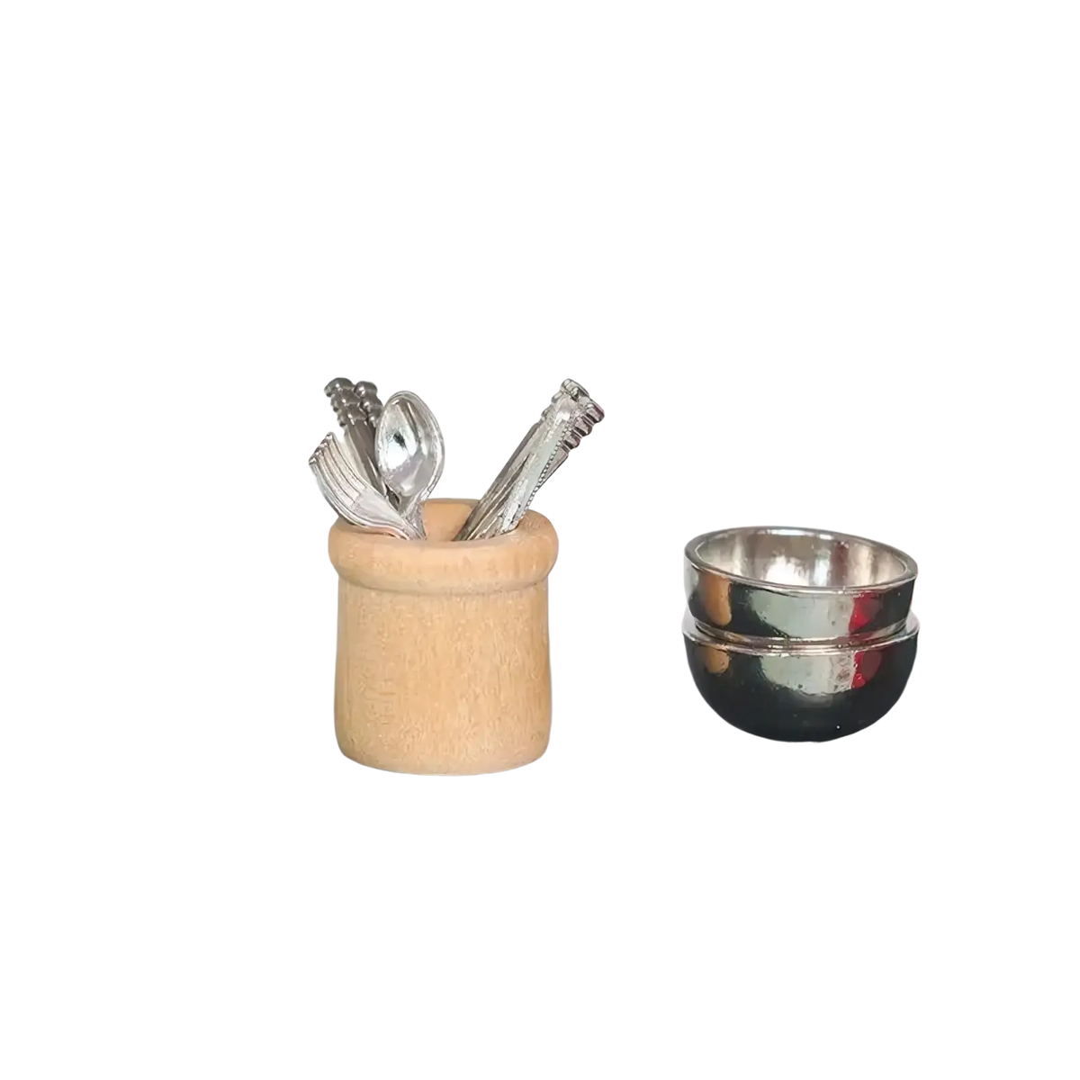 Miniature dollhouse kitchen utensil set featuring a light brown wooden holder with miniature silver cutlery