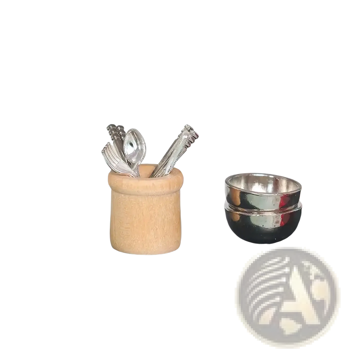 Miniature dollhouse kitchen utensil set featuring a light brown wooden holder with miniature silver cutlery