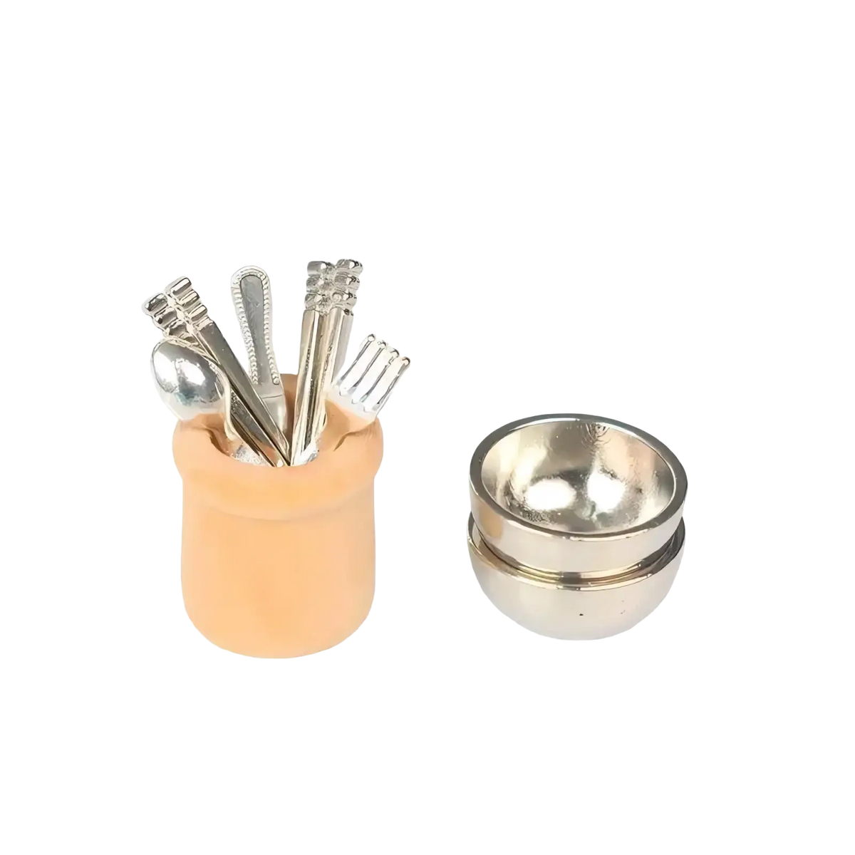 Miniature dollhouse kitchen utensil set with peach-colored ceramic holder, silver-toned cutlery, and stacked metallic bowls