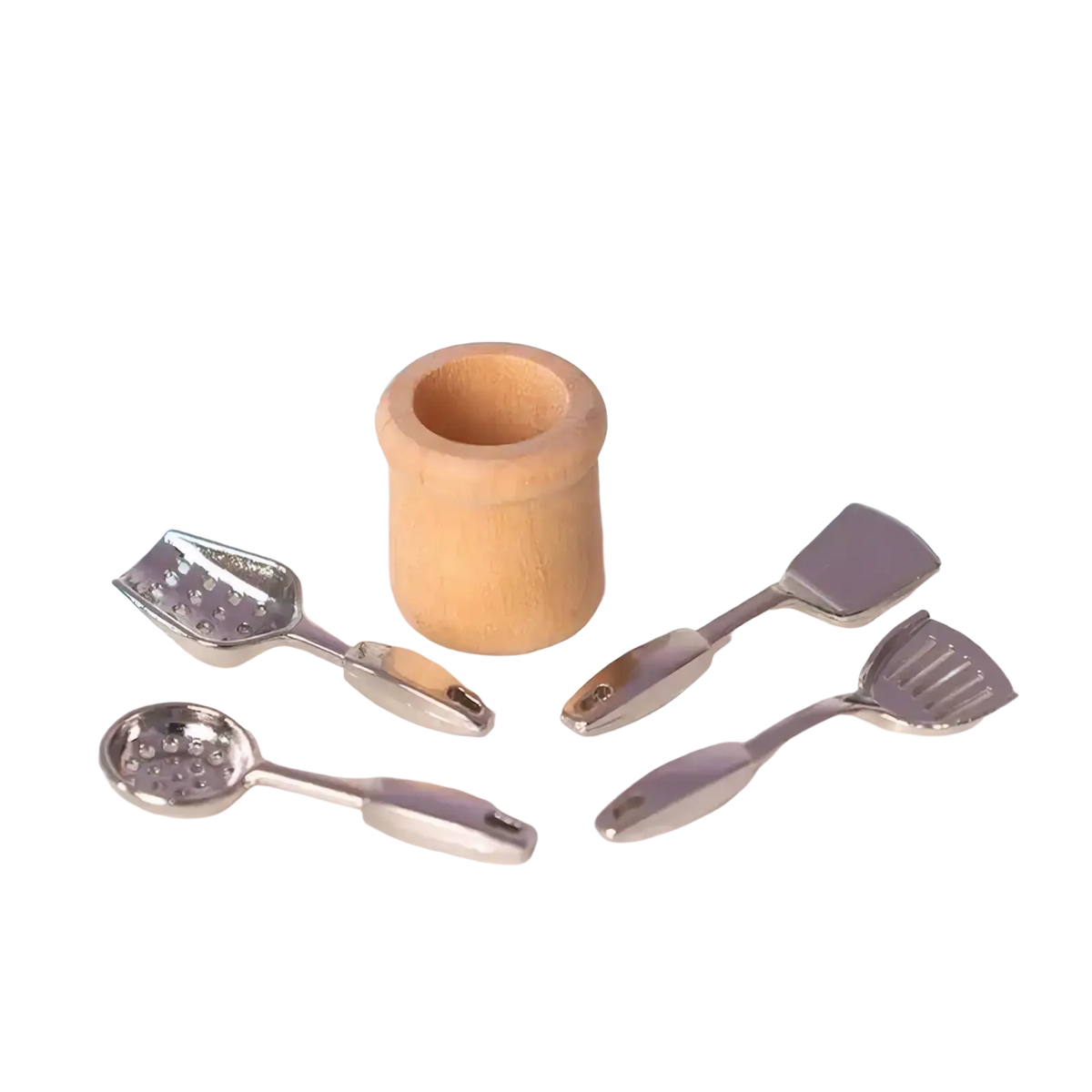 Miniature dollhouse kitchen utensil set with silver metal utensils and wooden handle holder for display or play
