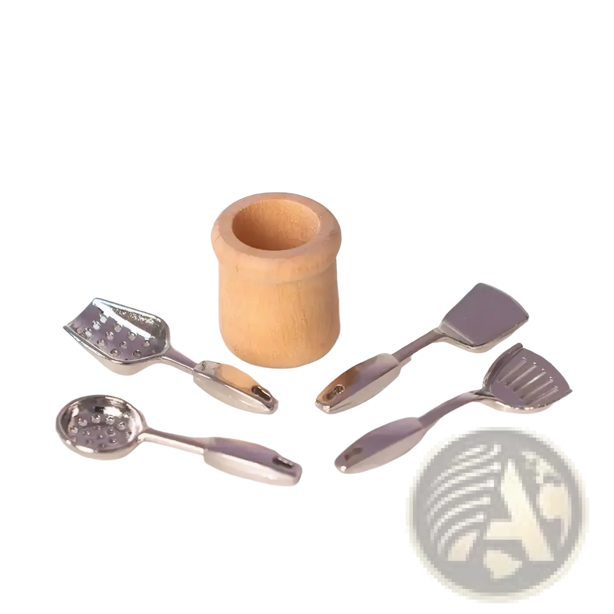 Miniature dollhouse kitchen utensil set with silver metal utensils and wooden handle holder for display or play