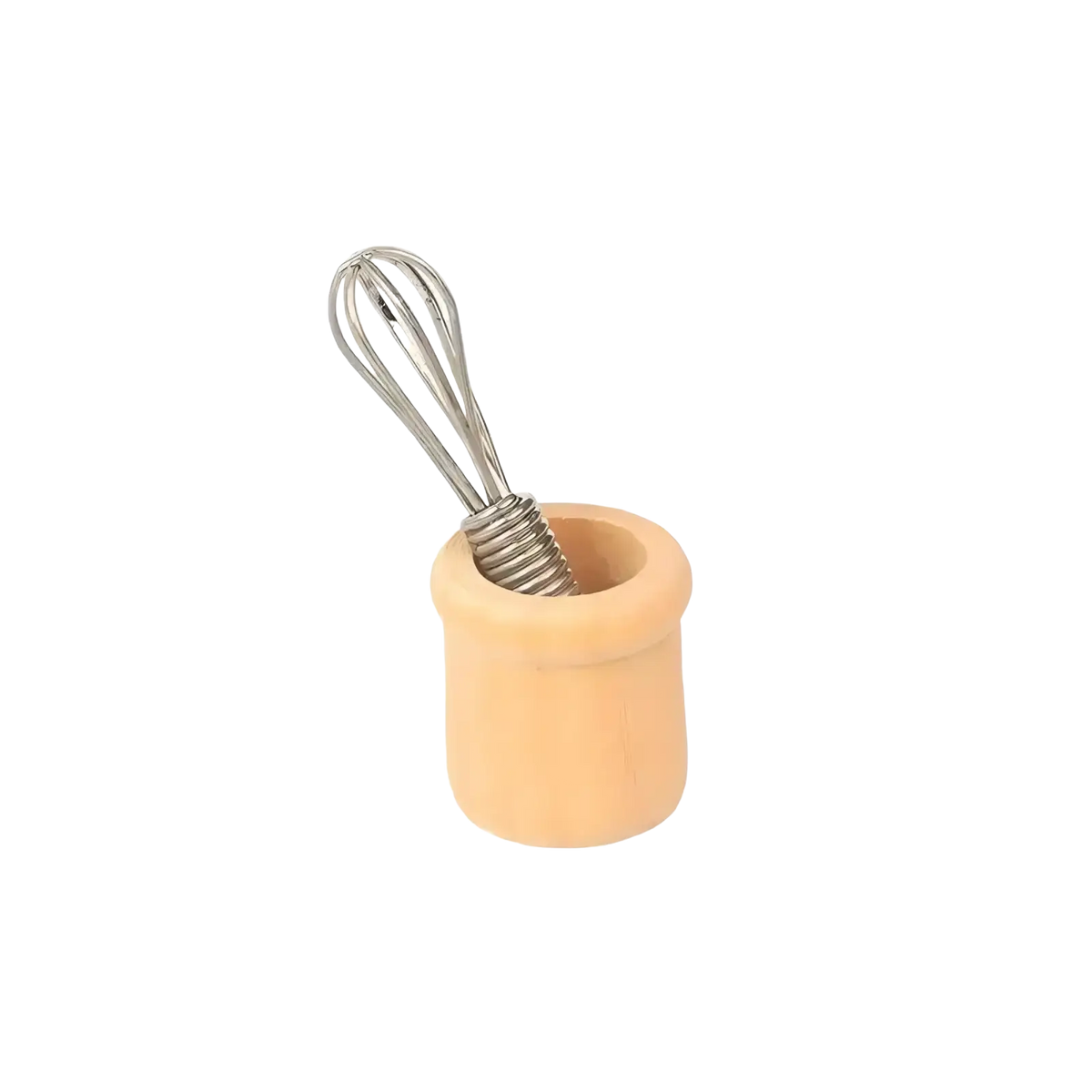 A miniature silver wire whisk in a light beige ceramic holder from a dollhouse kitchen utensil set