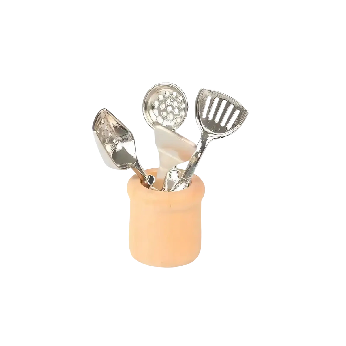 Set of miniature stainless steel kitchen utensils in a peach-colored ceramic holder for dollhouse kitchens