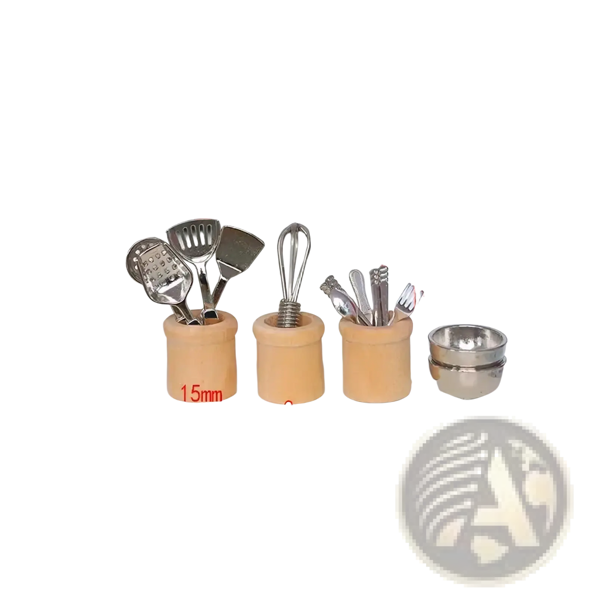 Miniature dollhouse kitchen utensil set featuring stainless steel utensils in light beige ceramic holders