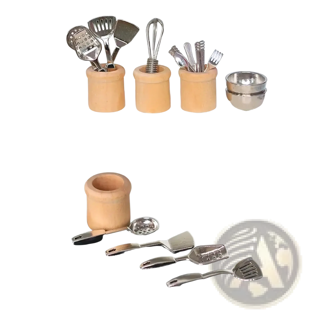 Miniature dollhouse kitchen utensil set with shiny metallic tools in wooden holders and a small silver bowl