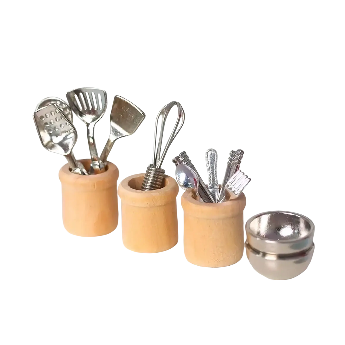 Miniature dollhouse kitchen utensil set with wooden holders, silver metal tools, and a matching metallic bowl