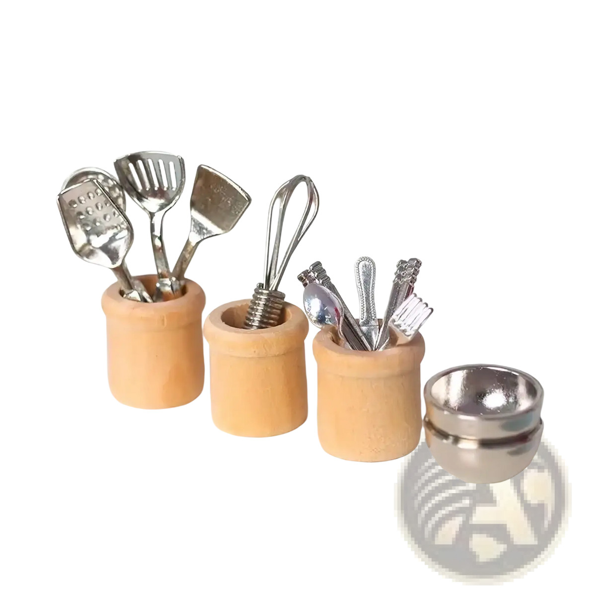 Miniature dollhouse kitchen utensil set with wooden holders, silver metal tools, and a matching metallic bowl