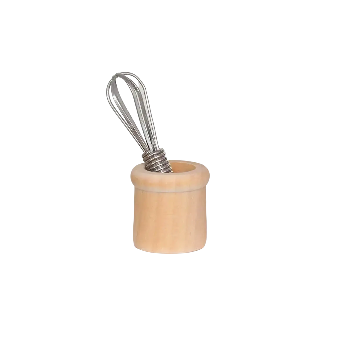 Miniature dollhouse kitchen utensil set featuring a wooden whisk holder with a silver metal wire whisk inside